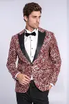 Işıltılı Sarmaşık Desenli Slim Fit Bordo Erkek Smokin Ceket - Wessi-3