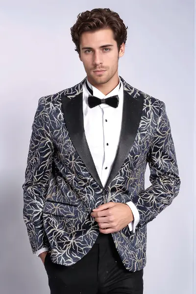 Işıltılı Sarmaşık Desenli Slim Fit Lacivert Erkek Smokin Ceket - Wessi