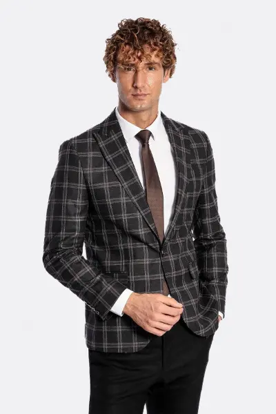Slim Fit Sivri Yaka Siyah Erkek Ceket - Wessi