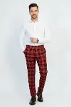 Dar Kesim Ekose Desenli Bordo Erkek Pantolon - Wessi-1
