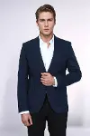 Kendinden Desenli Slim Fit Sivri Yaka Lacivert Erkek Ceket - Wessi-4
