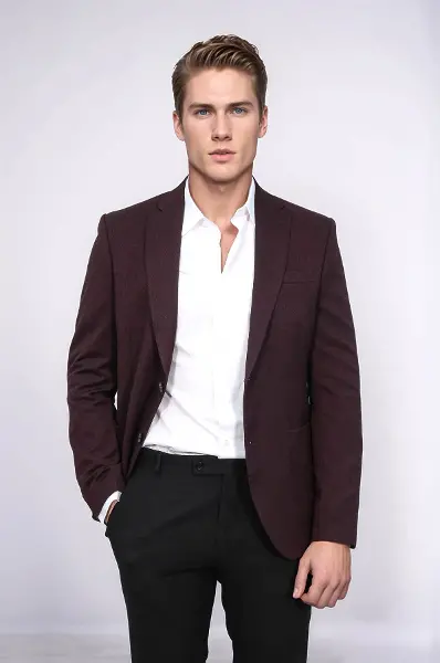 Kendinden Desenli Slim Fit Sivri Yaka Bordo Erkek Ceket - Wessi