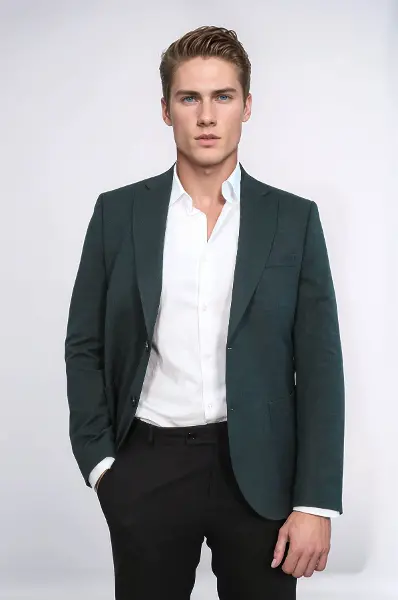 Kendinden Desenli Slim Fit Sivri Yaka Yeşil Erkek Ceket - Wessi