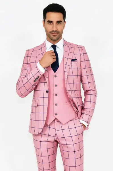 Ekose Ceketli Slim Fit Pembe Erkek Kombinli Takım Elbise - Wessi