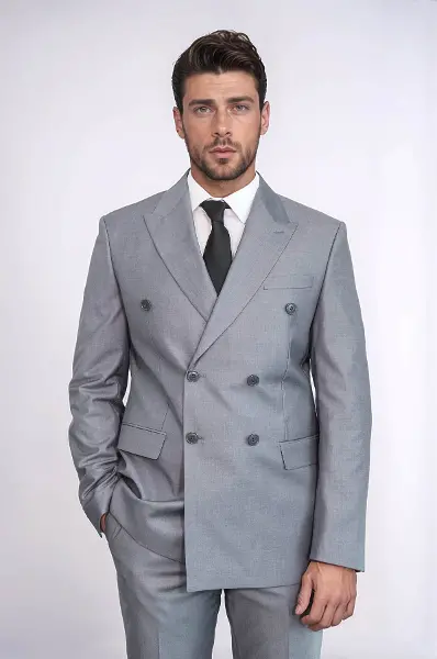 Geniş Sivri Yakalı Çizgili Desenli Slim Fit Gri Erkek Kruvaze Takım Elbise - Wessi
