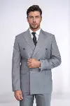 Geniş Sivri Yakalı Çizgili Desenli Slim Fit Gri Erkek Kruvaze Takım Elbise - Wessi-4