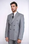 Geniş Sivri Yakalı Çizgili Desenli Slim Fit Gri Erkek Kruvaze Takım Elbise - Wessi-5