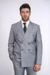 Geniş Sivri Yakalı Çizgili Desenli Slim Fit Gri Erkek Kruvaze Takım Elbise - Wessi-1