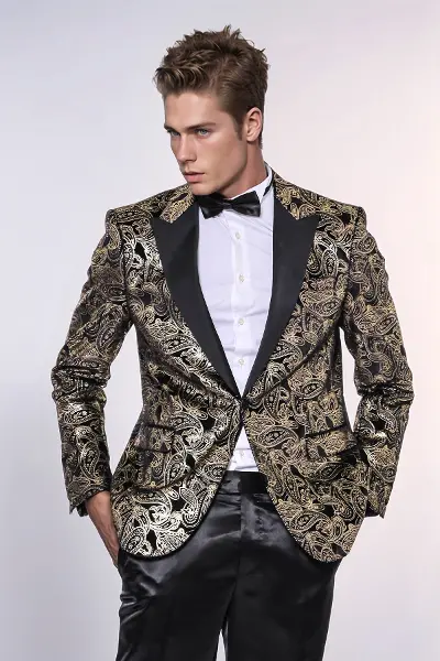 Slim Fit Altın Şal Desenli Siyah Erkek Smokin Blazer