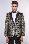 Slim Fit Altın Şal Desenli Siyah Erkek Smokin Blazer-2