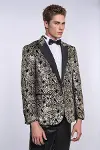 Slim Fit Altın Şal Desenli Siyah Erkek Smokin Blazer-3