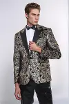 Slim Fit Altın Şal Desenli Siyah Erkek Smokin Blazer-4