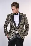Slim Fit Altın Şal Desenli Siyah Erkek Smokin Blazer-1
