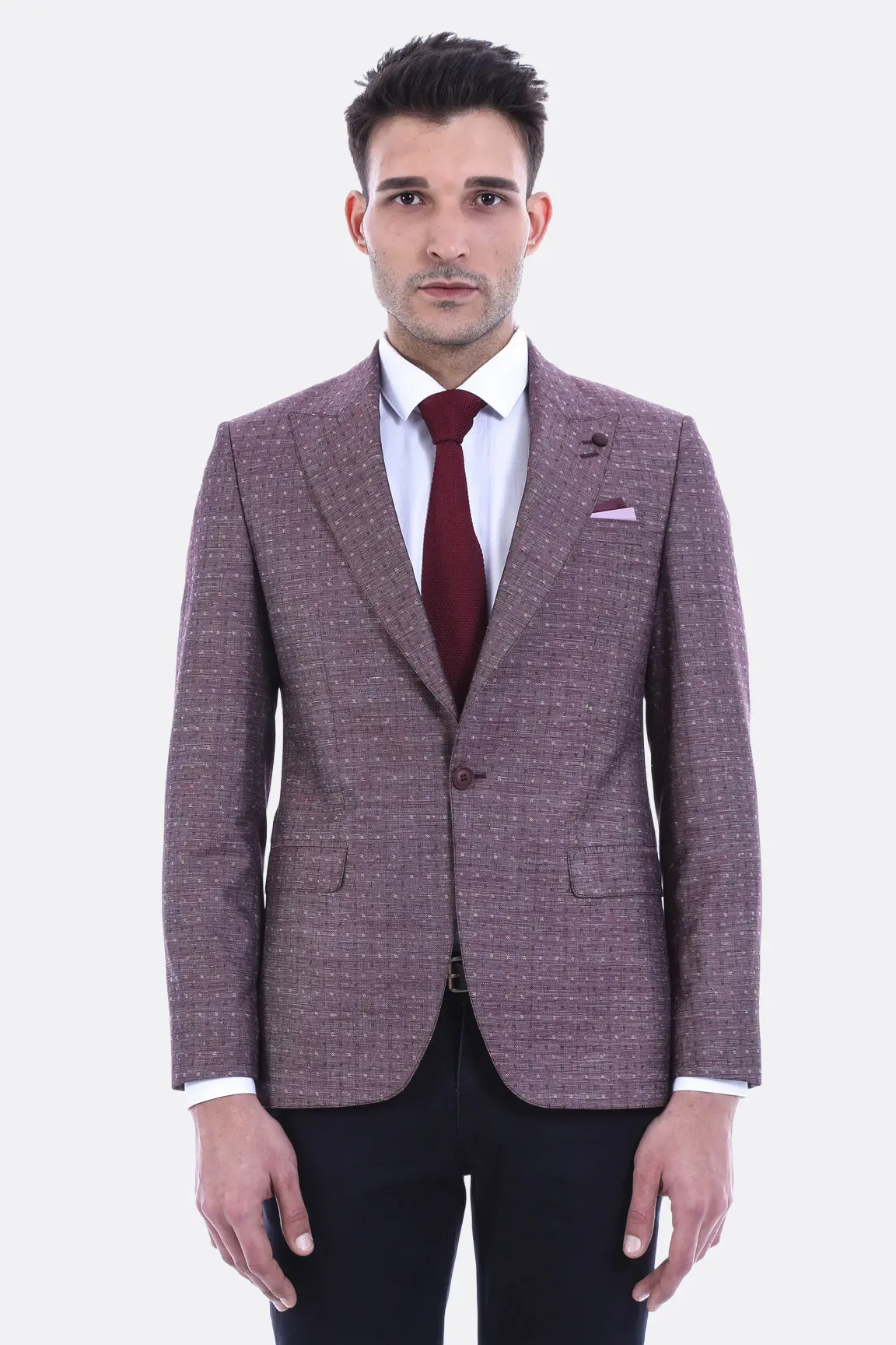 Bordo Keten Puantiye Desenli Ceket  | Wessi