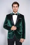 Kadife Slim Fit Tek Düğmeli Koyu Yeşil Erkek Balo Ceket - Wessi-4