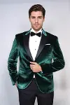 Kadife Slim Fit Tek Düğmeli Koyu Yeşil Erkek Balo Ceket - Wessi-1