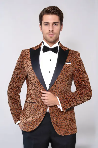 Leopar Desenli Slim Fit Dik Yaka Sarı Erkek Balo Ceket - Wessi