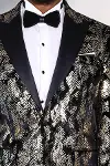 Dik Yaka Slim Fit Altın Desenli Siyah Erkek Balo Ceketi - Wessi-2