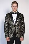 Dik Yaka Slim Fit Altın Desenli Siyah Erkek Balo Ceketi - Wessi-3
