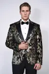 Dik Yaka Slim Fit Altın Desenli Siyah Erkek Balo Ceketi - Wessi-5