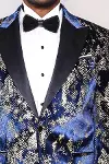 Dik Yaka Slim Fit Altın Desenli Lacivert Erkek Balo Ceket - Wessi-2