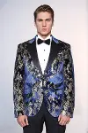 Dik Yaka Slim Fit Altın Desenli Lacivert Erkek Balo Ceket - Wessi-3