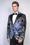 Dik Yaka Slim Fit Altın Desenli Lacivert Erkek Balo Ceket - Wessi-4