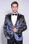 Dik Yaka Slim Fit Altın Desenli Lacivert Erkek Balo Ceket - Wessi-1