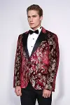 Dik Yaka Slim Fit Altın Desenli Bordo Balo Ceket - Wessi-4