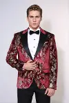 Dik Yaka Slim Fit Altın Desenli Bordo Balo Ceket - Wessi-5
