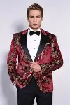 Dik Yaka Slim Fit Altın Desenli Bordo Balo Ceket - Wessi-1