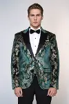 Dik Yaka Slim Fit Altın Desenli Yeşil Balo Ceket - Wessi-3