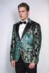 Dik Yaka Slim Fit Altın Desenli Yeşil Balo Ceket - Wessi-4