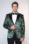 Dik Yaka Slim Fit Altın Desenli Yeşil Balo Ceket - Wessi-5