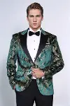Dik Yaka Slim Fit Altın Desenli Yeşil Balo Ceket - Wessi-1