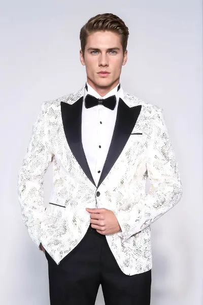 Dik Yaka Slim Fit Altın Desenli Beyaz Balo Ceket - Wessi