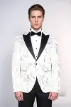 Dik Yaka Slim Fit Altın Desenli Beyaz Balo Ceket - Wessi-3