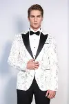 Dik Yaka Slim Fit Altın Desenli Beyaz Balo Ceket - Wessi-5