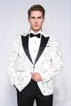 Dik Yaka Slim Fit Altın Desenli Beyaz Balo Ceket - Wessi-1
