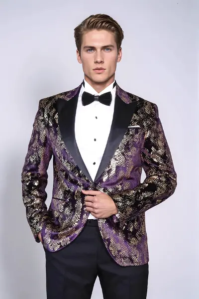 Dik Yaka Slim Fit Altın Desenli Mor Balo Ceket - Wessi