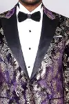 Dik Yaka Slim Fit Altın Desenli Mor Balo Ceket - Wessi-2