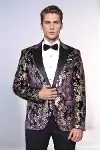 Dik Yaka Slim Fit Altın Desenli Mor Balo Ceket - Wessi-5