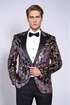 Dik Yaka Slim Fit Altın Desenli Mor Balo Ceket - Wessi-1