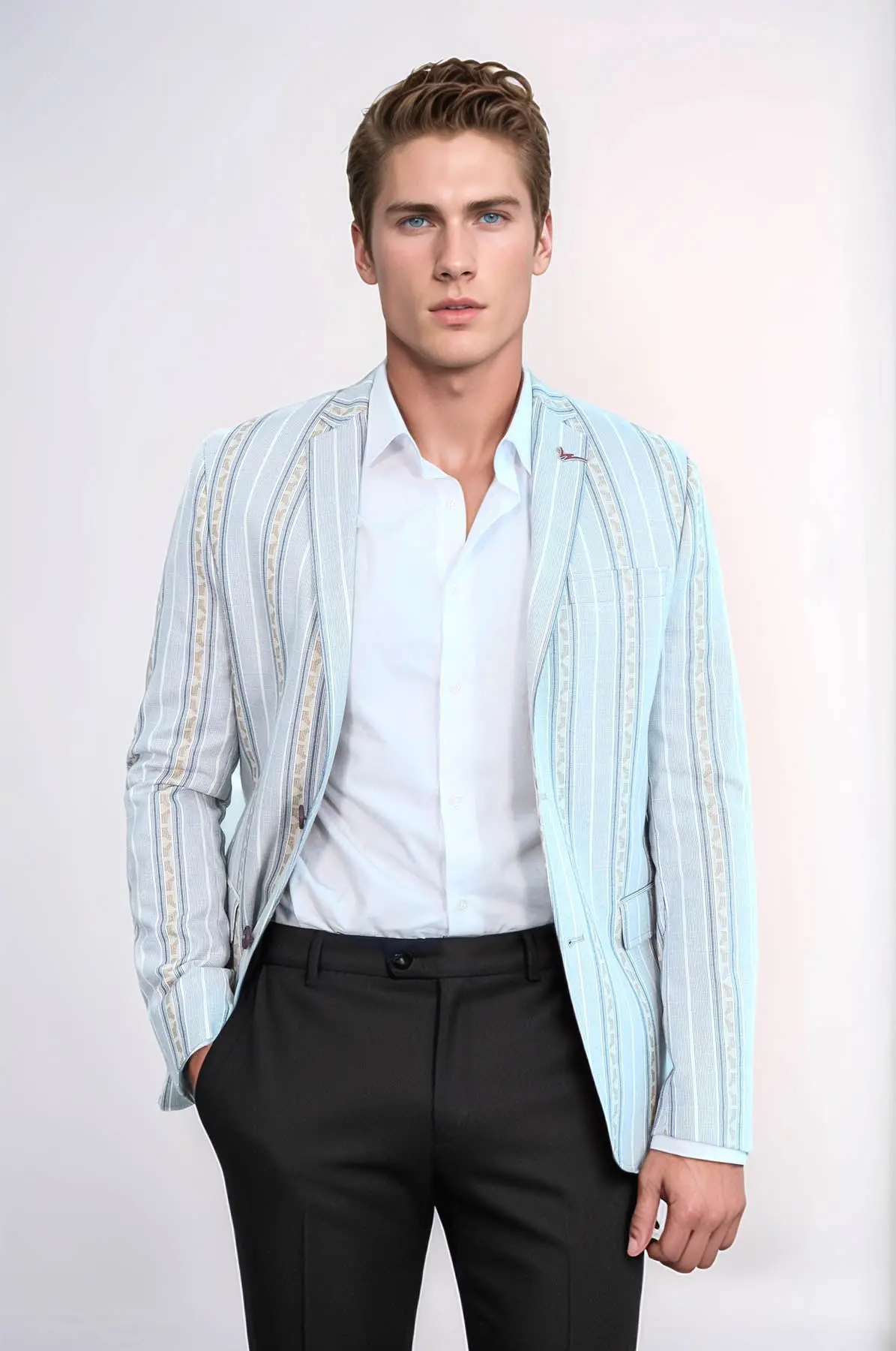 Slim Fit Çizgili Mavi Erkek Blazer Ceket- Wessi