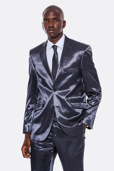 2 Düğmeli Slim Fit Saten Lacivert Erkek Damatlık Takım - Wessi