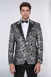 Slim Fit Gümüş Şal Desenli Siyah Erkek Smokin Blazer-2
