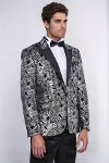 Slim Fit Gümüş Şal Desenli Siyah Erkek Smokin Blazer-4