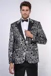Slim Fit Gümüş Şal Desenli Siyah Erkek Smokin Blazer-5