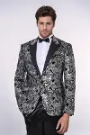 Slim Fit Gümüş Şal Desenli Siyah Erkek Smokin Blazer-1