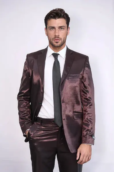 2 Düğmeli Slim Fit Saten Kahverengi Erkek Damatlık Takım - Wessi